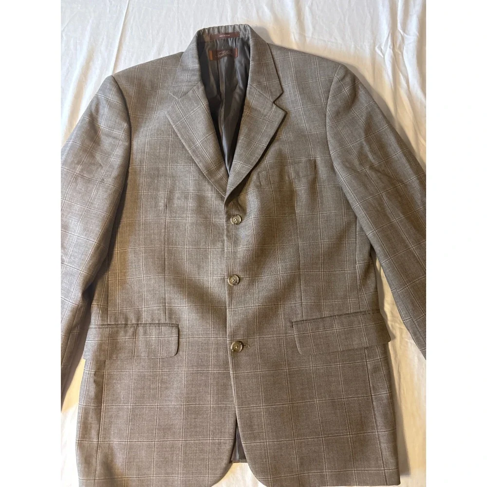 Tasso Elba Blazer Mens 38L Brown Windowpane Plaid 3-Button Sport Coat‎
